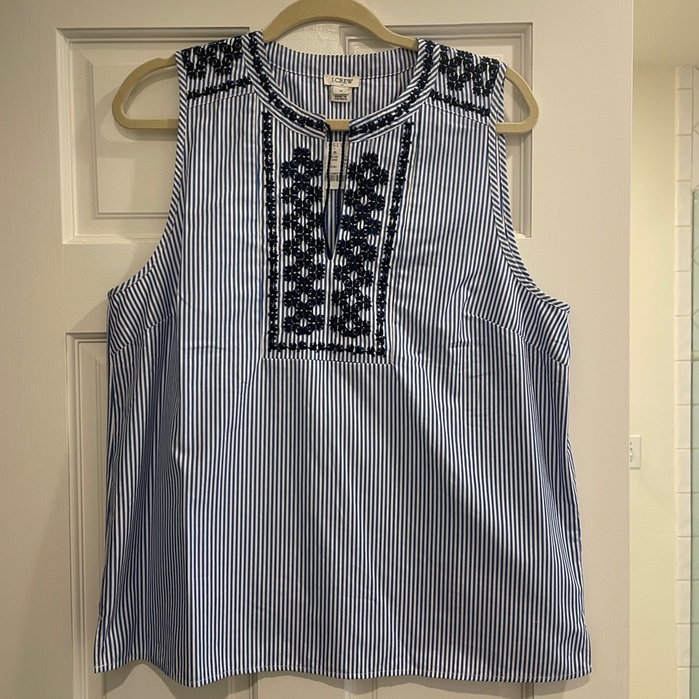 NWT J. Crew Factory blue and white striped top with embroidery